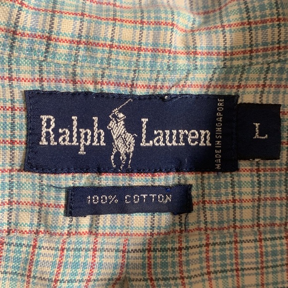 Ralph Lauren Mens Vintage Plaid Short Sleeve Button Down Shirt Green Blue Size L - Picture 4 of 5